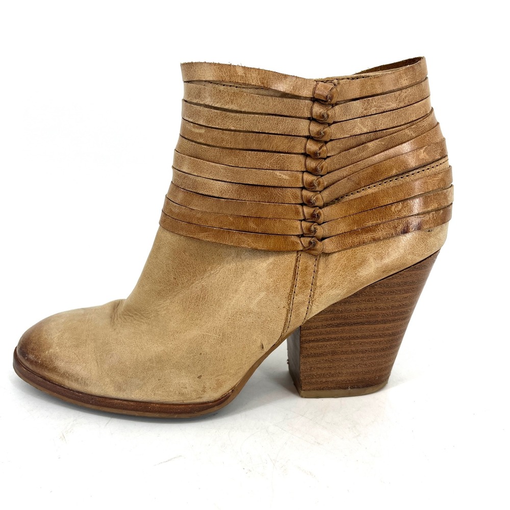 Isola Lander Women's 8.5 Tan Leather Heel Ankle Booties Side Zip Strappy
